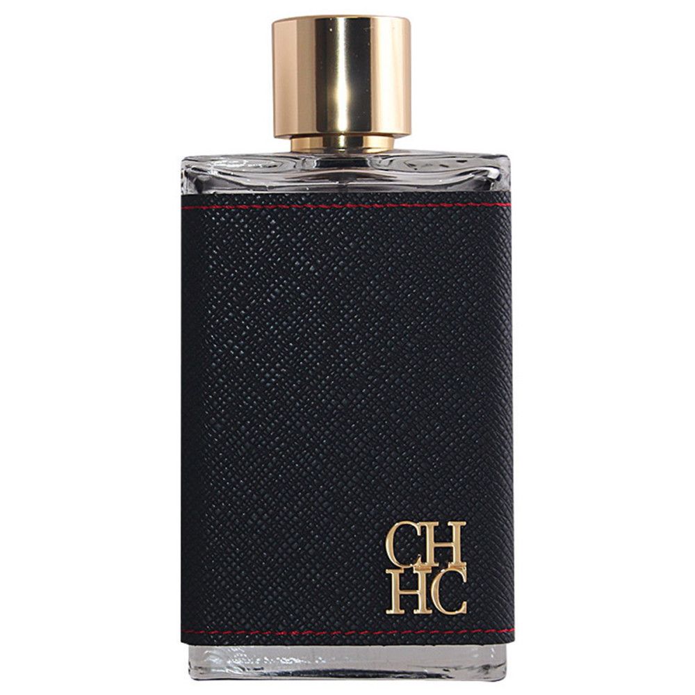Eau de Toilette fles met zwart imitatieleer, rode stiksel en gouden dop. CH HC logo.