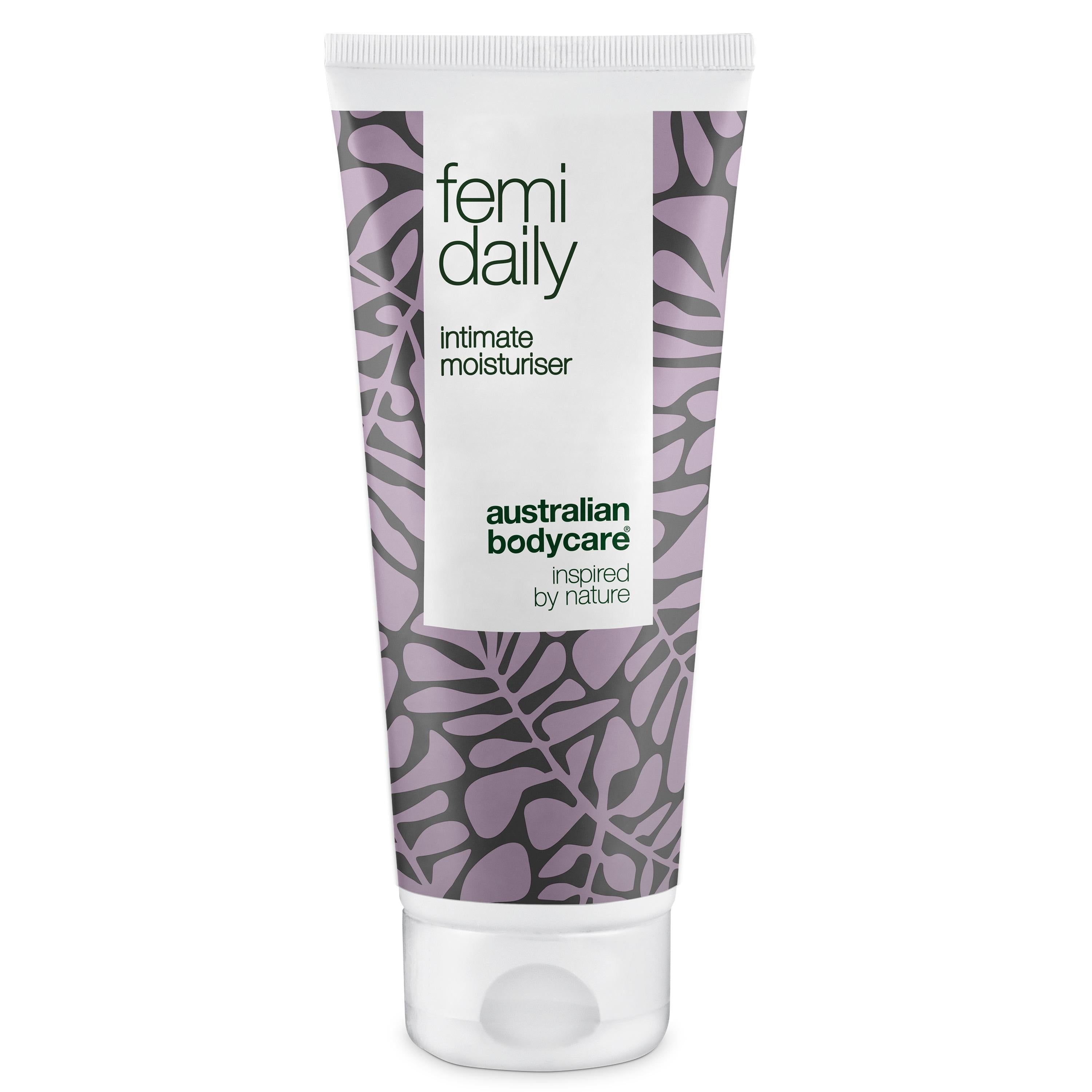 Tube "femi daily" et "intimate moisturiser". Marque: Australian Bodycare. Design blanc et violet.