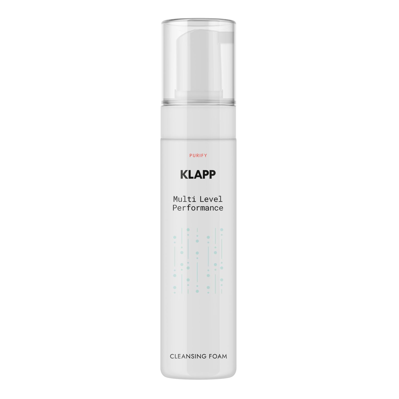 Klapp Multi Level Performance Cleansing Foam. Witte fles met pomp. Tekst: PURIFY, KLAPP, Cleansing Foam.