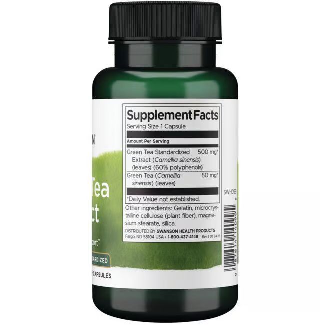 Achterkant van een groene fles met zwarte dop. Opschrift: Supplement Facts, Green Tea Extract, 500 mg.