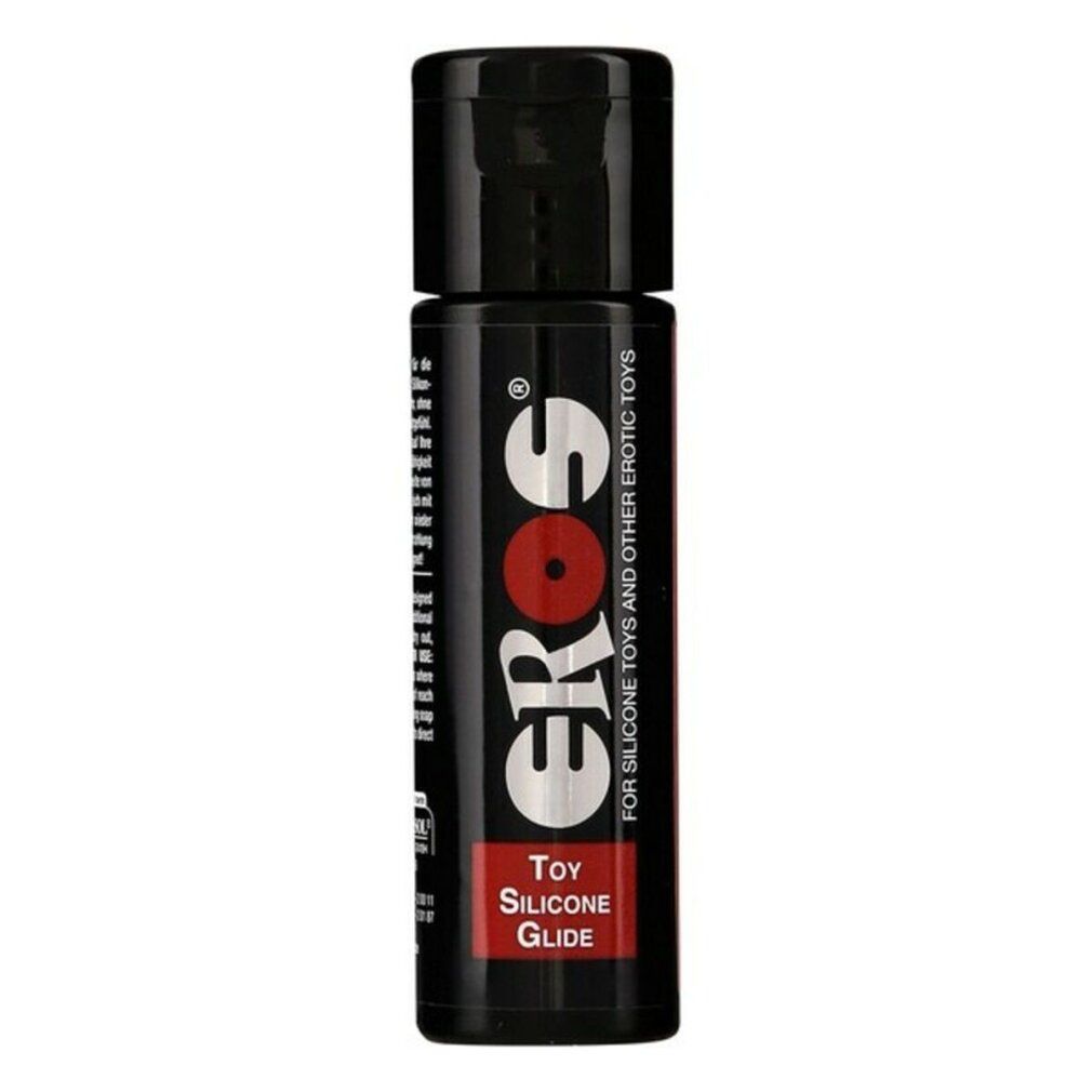 Flacon noir avec bouchon rabattable. Inscription "Eros" et "Toy Silicone Glide".