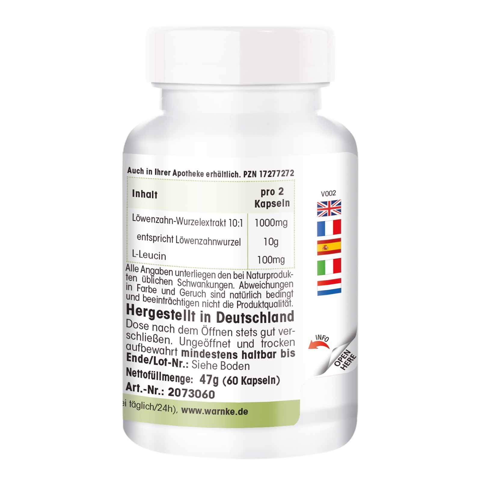 Achterkant van de fles. Tekst: Inhoud per 2 capsules. Paardenbloemwortelextract 10:1. Gemaakt in Duitsland. 60 capsules.