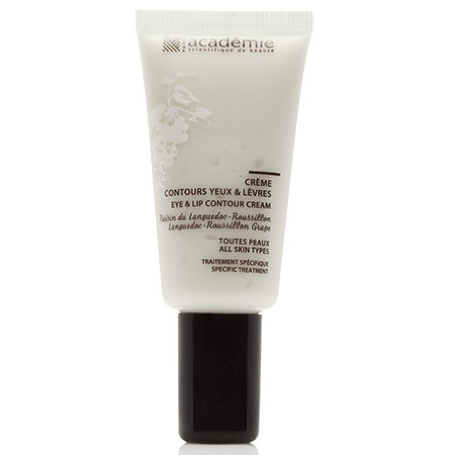 Tube de crème blanc avec bouchon noir. Inscription: Contours Yeux & Lèvres, Eye & Lip Contour Cream. Marque: Academie.