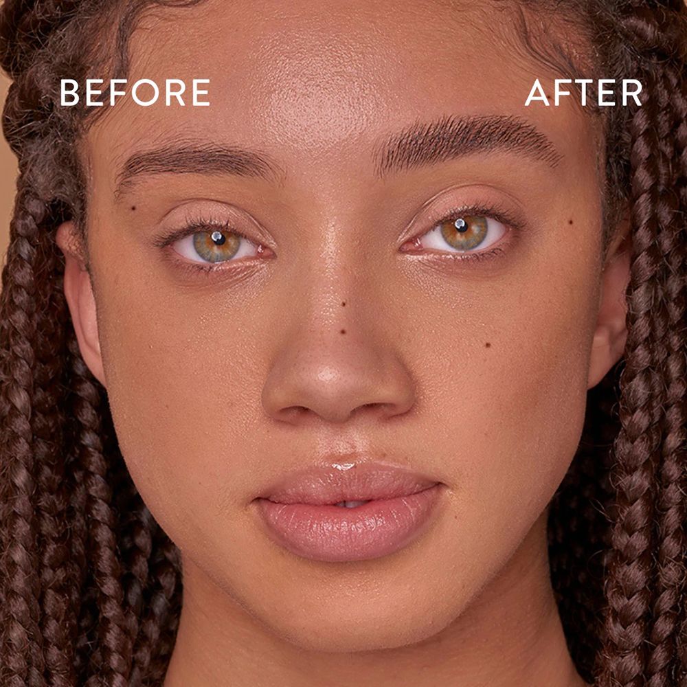 Gezicht van een vrouw met wenkbrauwen. Tekst: VOOR en NA.