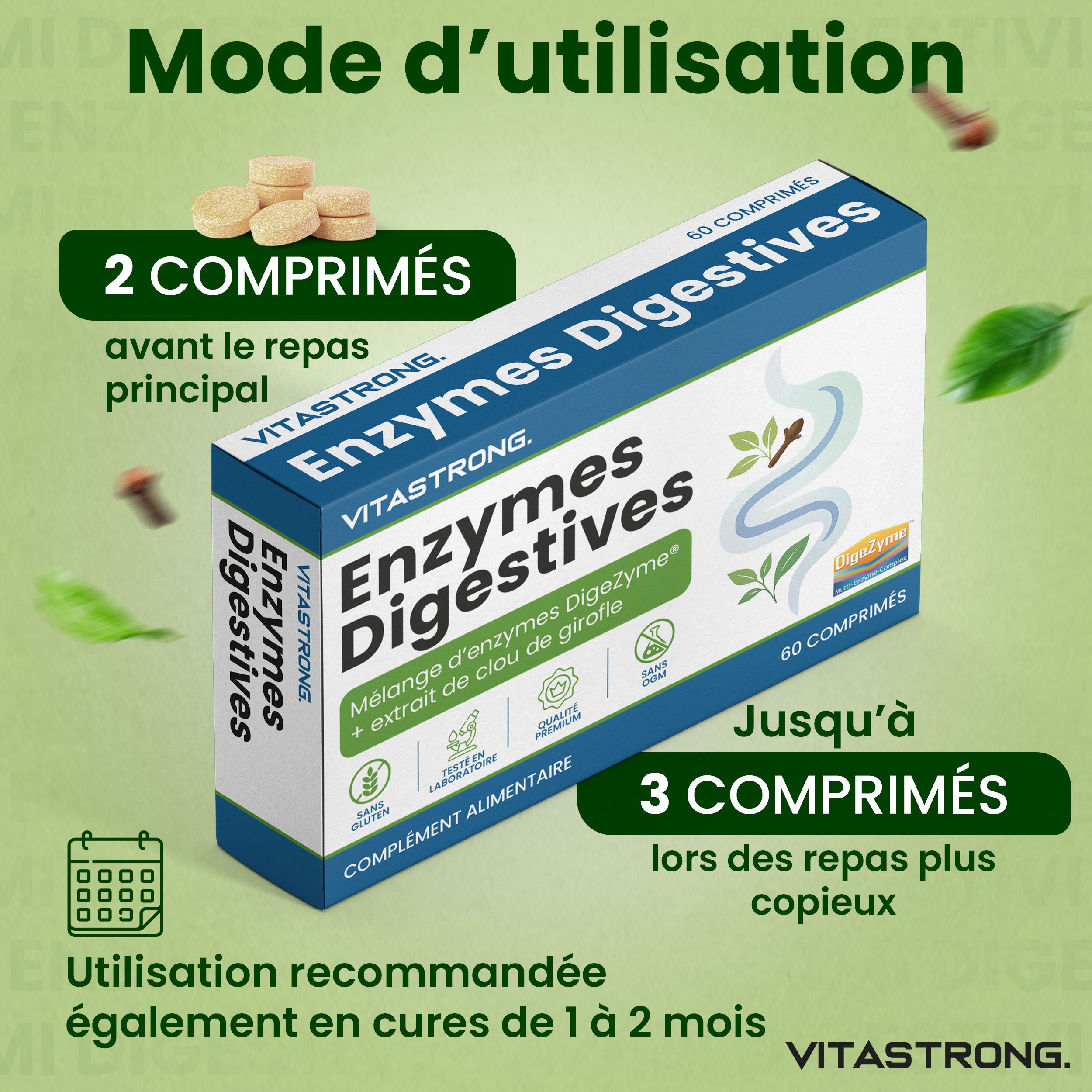 Productillustratie. Merk: Vitastrong. Product: Spijsverteringsenzymen. Mensen op de achtergrond. Tekst over voordelen.