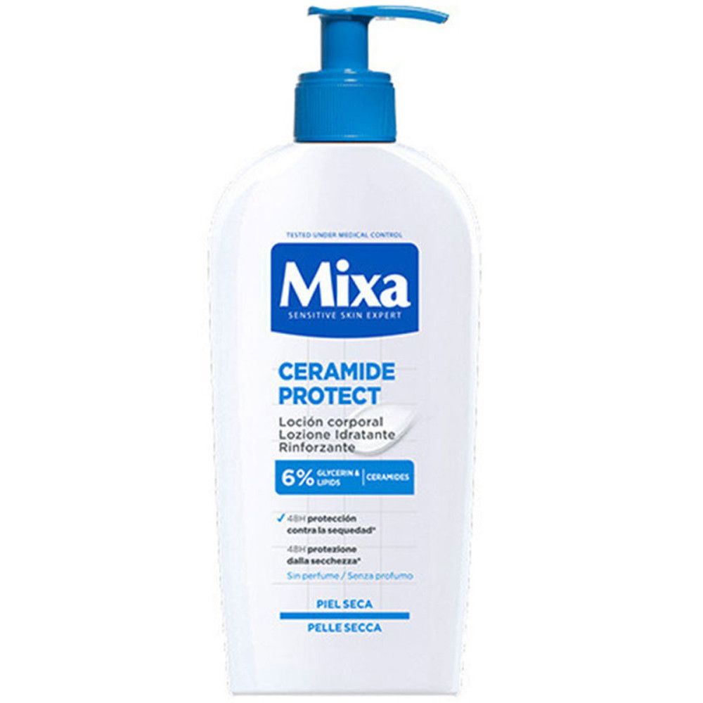 Witte fles met blauwe pomp. Opschrift 'Mixa Ceramide Protect'. Voor de droge huid.