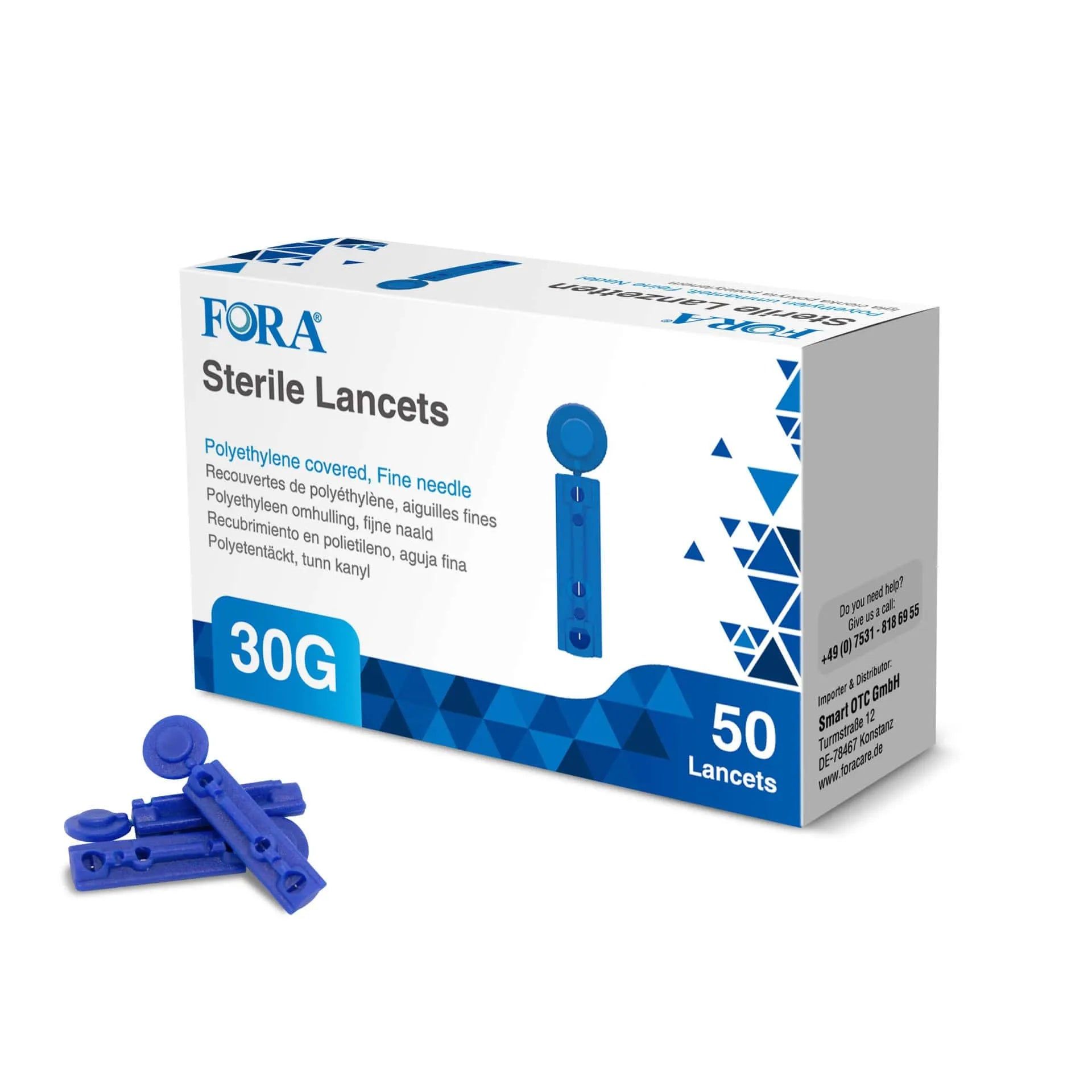 FORA Lancettes stériles 30G, 50 pièces. Lancettes jetables à aiguille fine, emballées individuellement.