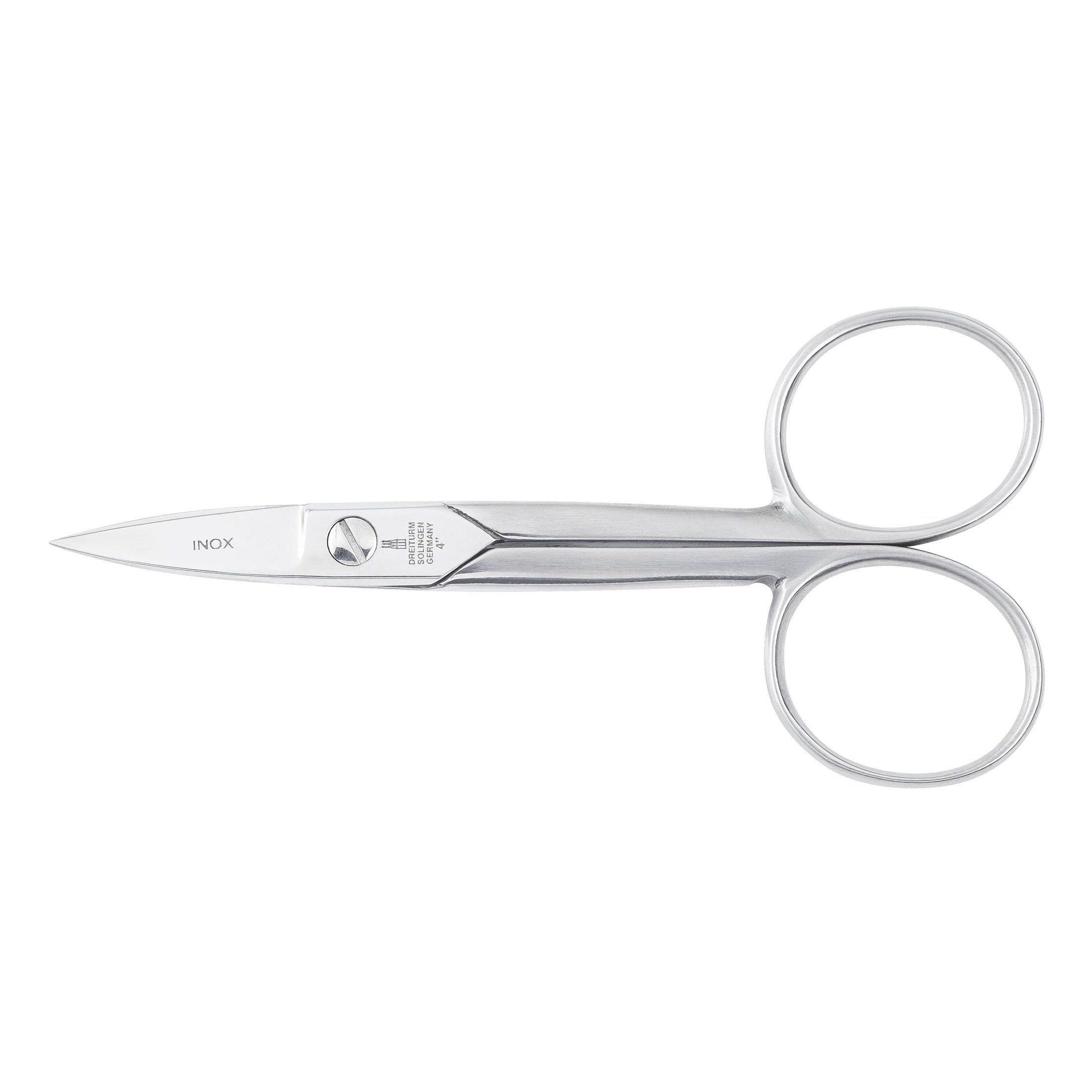 Ciseaux de précision en acier inoxydable. Lames droites, anneaux arrondis. Inscription : INOX, Solingen.