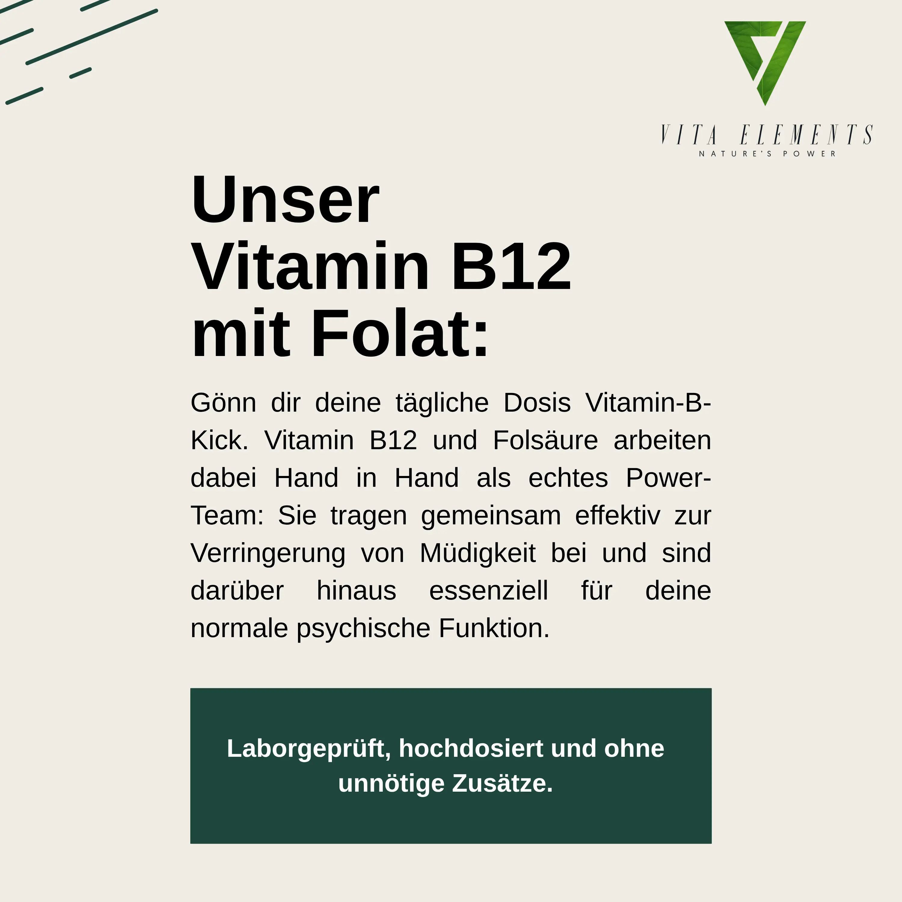 Tekstinformatie over Vita Elements Vitamine B12 met Folate.