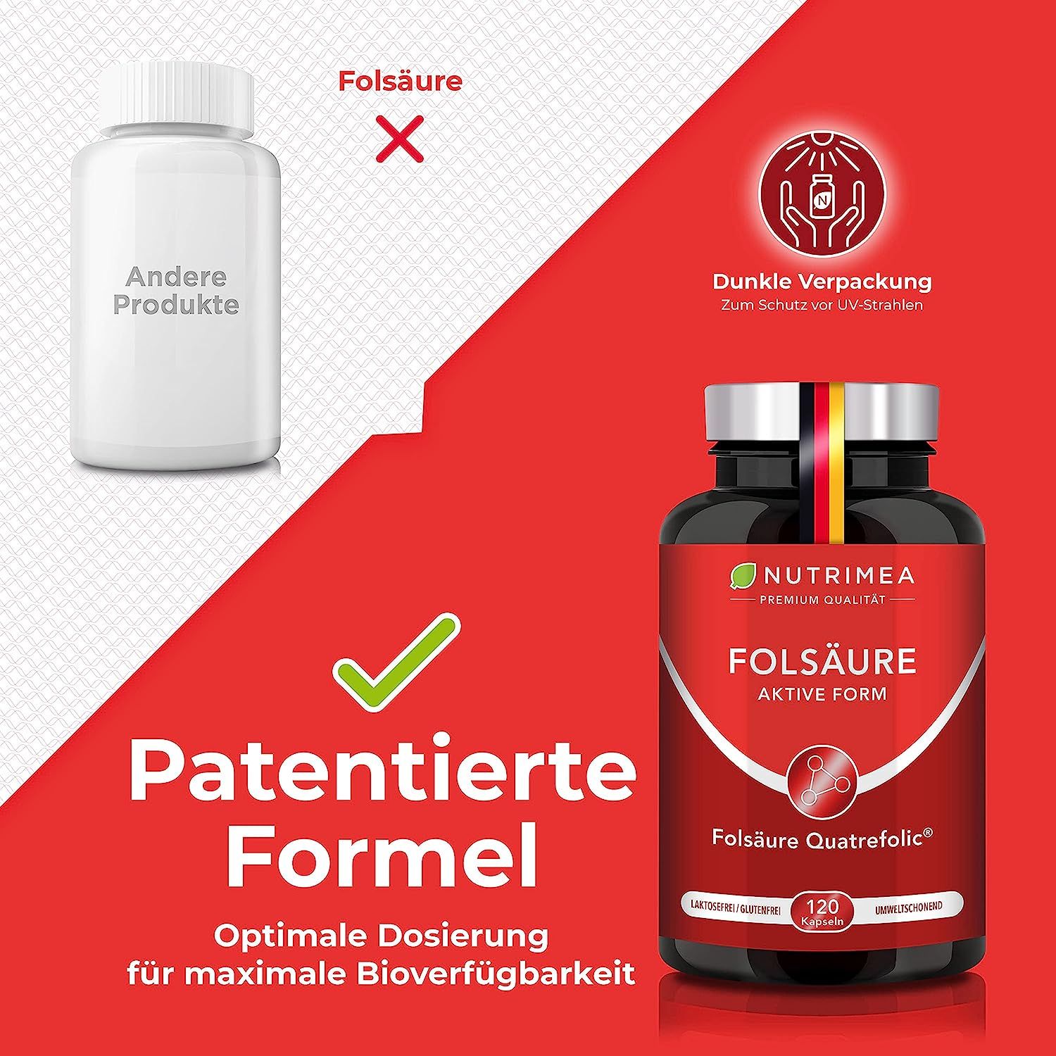 Vergelijking: witte fles vs. foliumzuurfles. Tekst: Gepatenteerde formule. Optimale dosering.