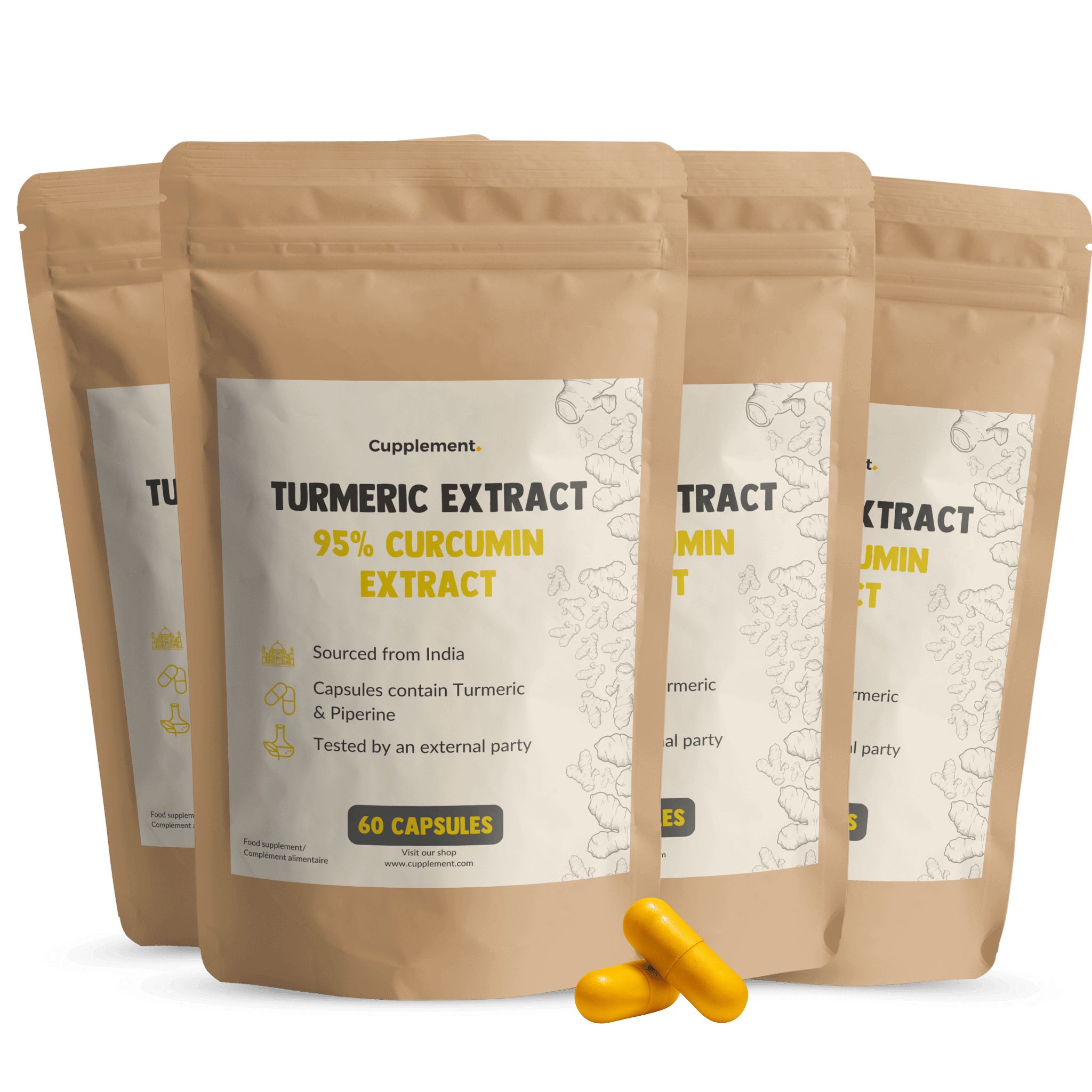 Meerdere zakjes met capsules. Opschrift: Turmeric Extract, 95% Curcumin Extract, 60 capsules. Gele capsules.