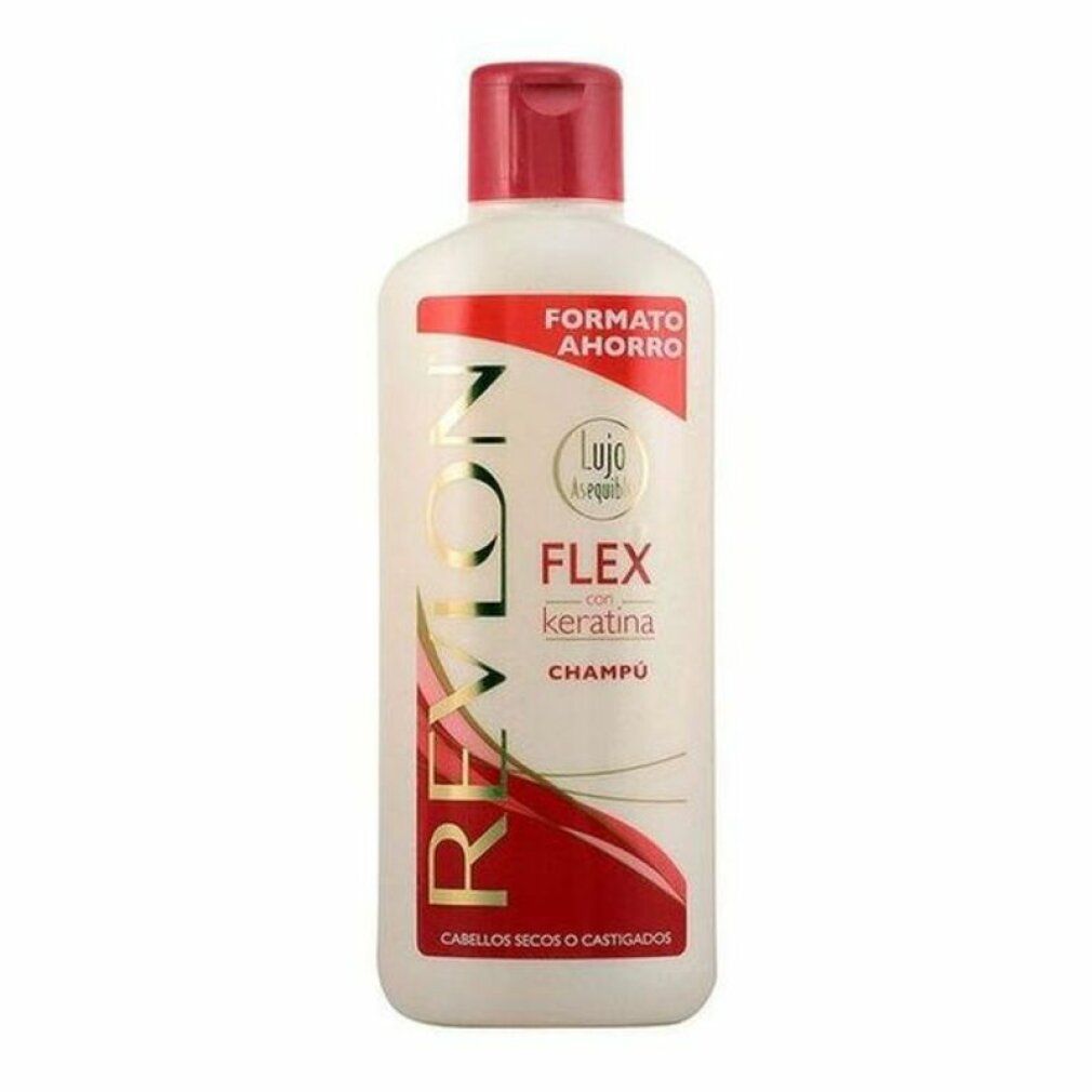 Bouteille de shampoing Revlon Flex Kératine, bouchon et étiquette rouges.