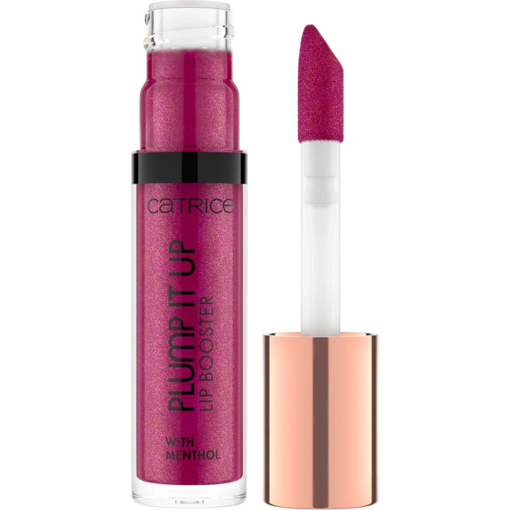 Lipgloss tube met applicator. Roze inhoud, gouden dop. Opschrift: PLUMP IT UP LIP BOOSTER, met menthol. Merk: Catrice.