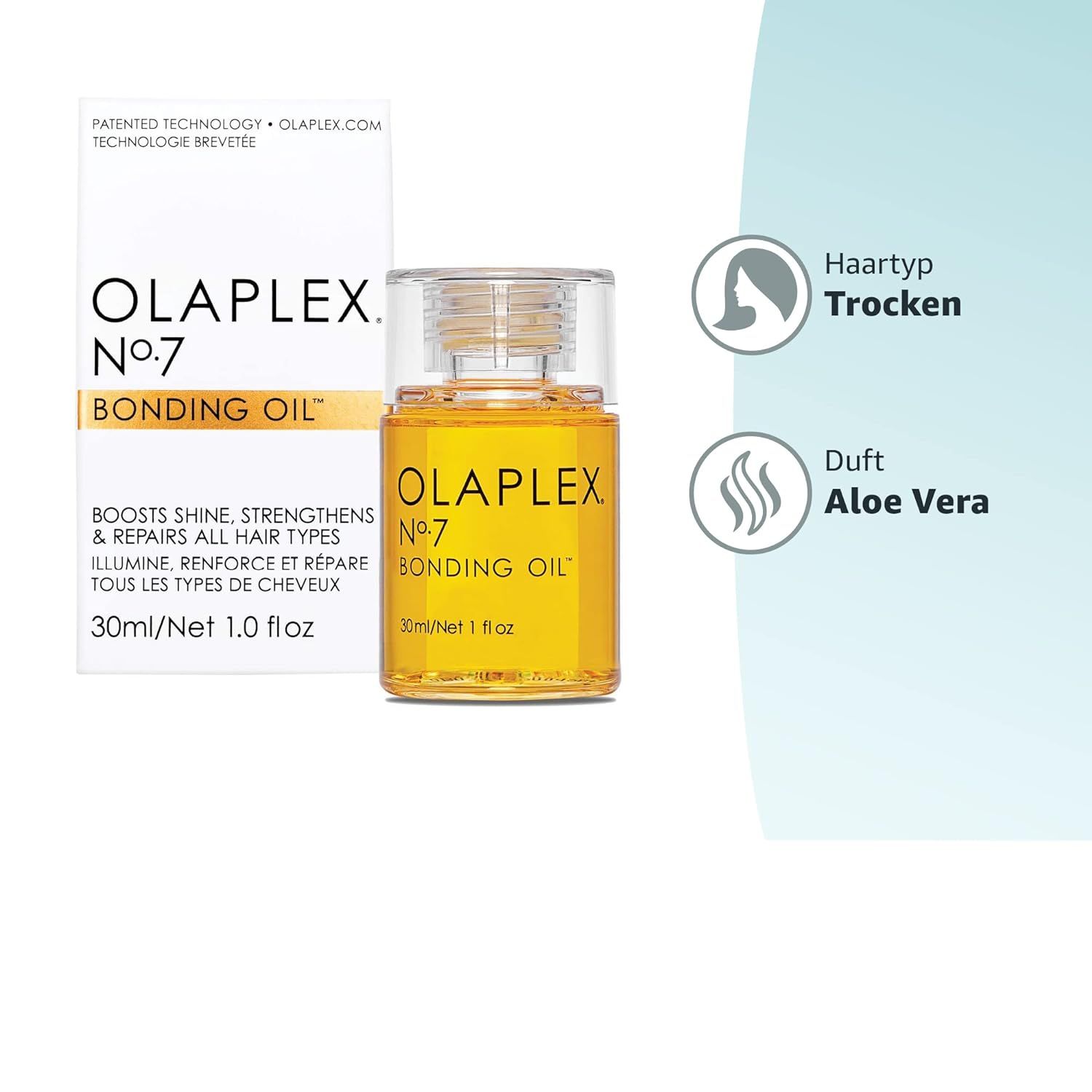 Olaplex No.7 Bonding Oil, fles en verpakking. Tekst: Olaplex No.7 Bonding Oil. 30ml/Net 1.0 fl oz. Haartype Droog, Geur Aloë Vera.