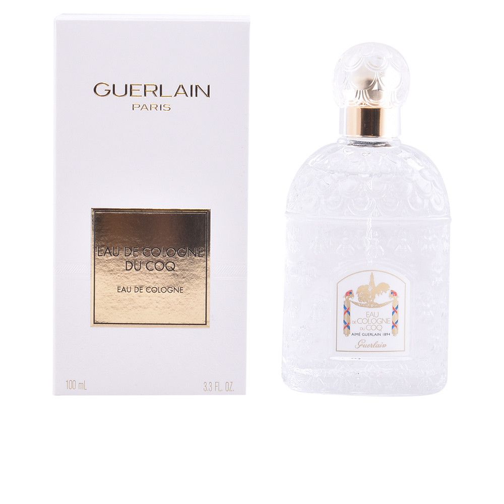 Flacon et emballage. Boîte blanche avec texte doré. Flacon avec bouchon doré. Eau de Cologne du Coq.