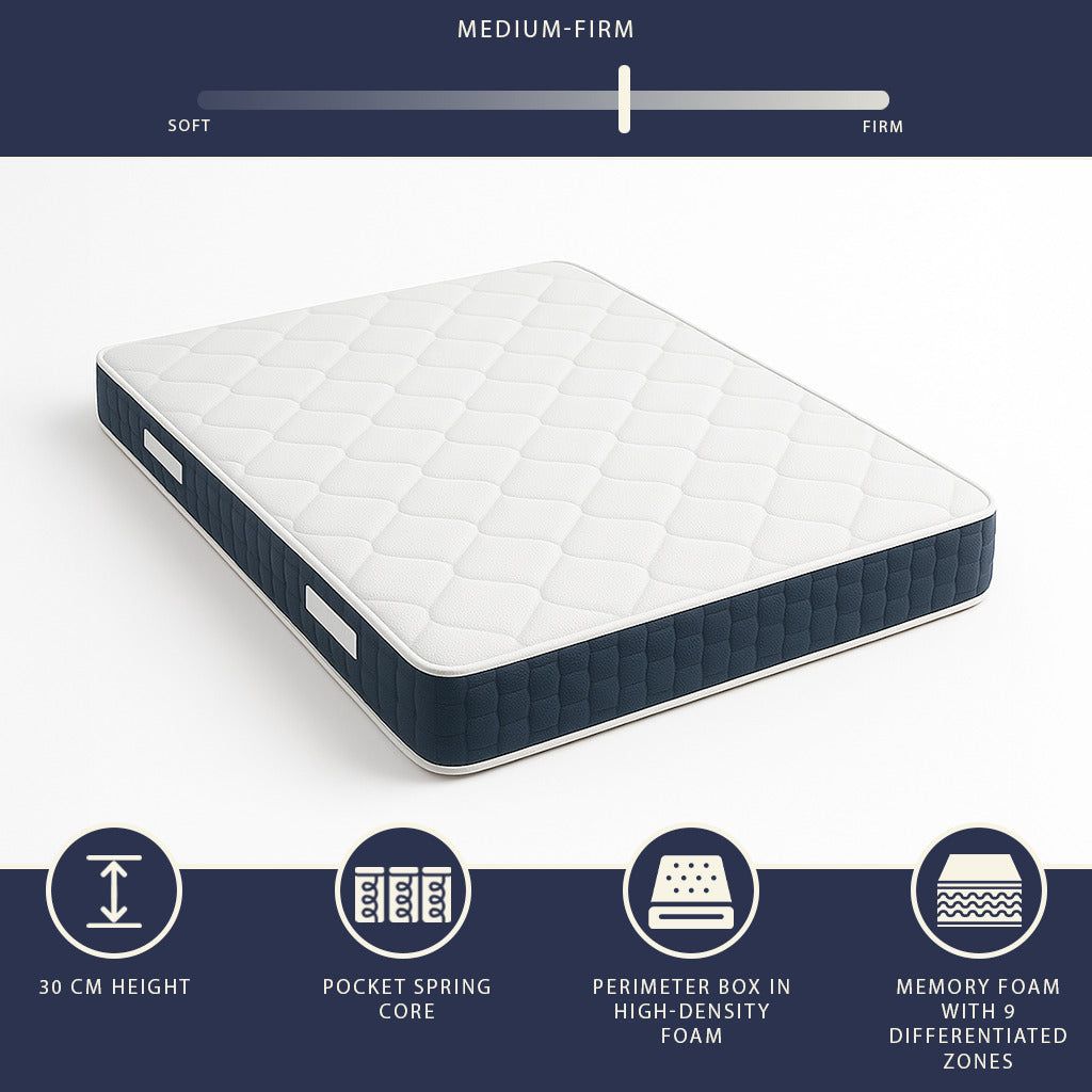 The White Stone Matras 90x190 cm, Hoogte 30 cm, met Pocketveren en Memory Foam