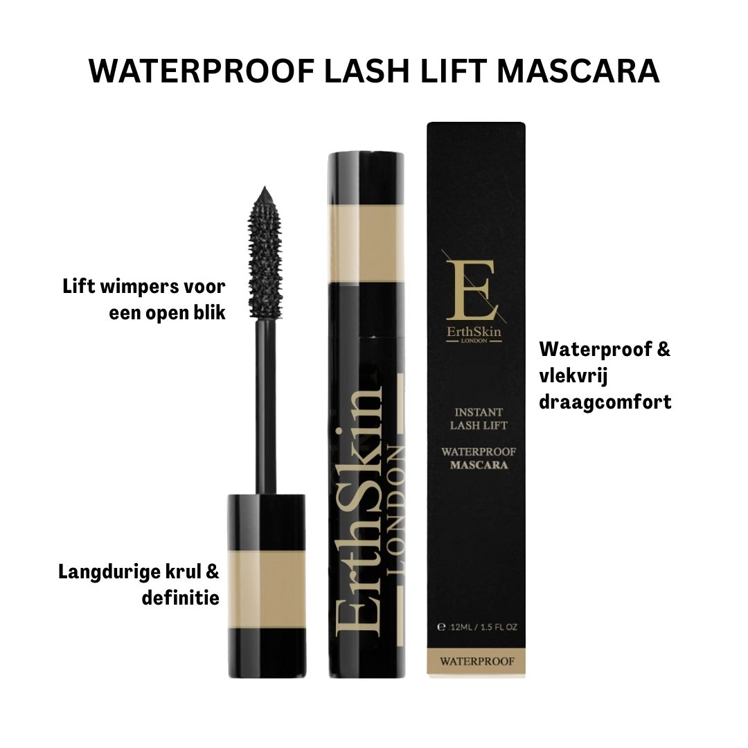 Tube et brosse de mascara, à côté d'un emballage noir avec logo et texte dorés. Texte: "Waterproof Lash Lift Mascara".