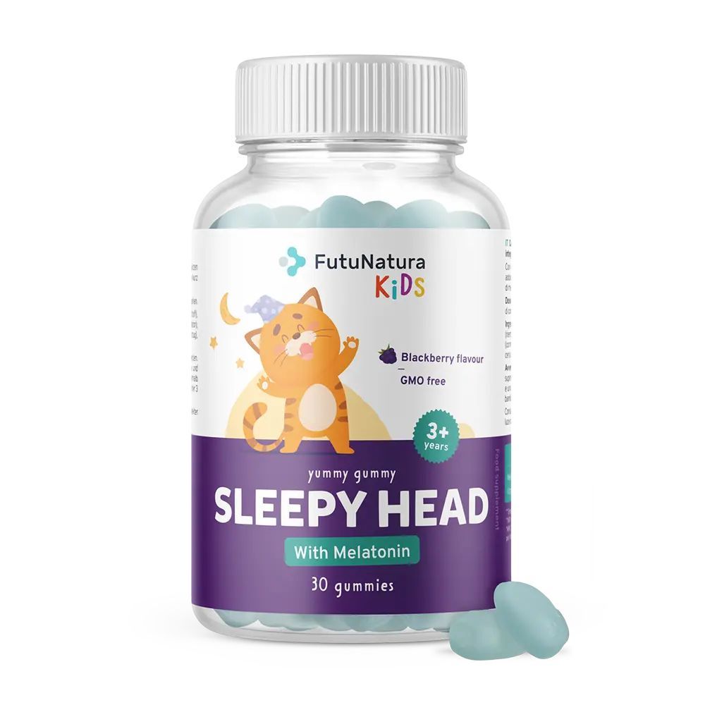 Fles Sleepy Head gummies. Opschrift: Melatonine, 30 gummies. Blauwe gummies ernaast.