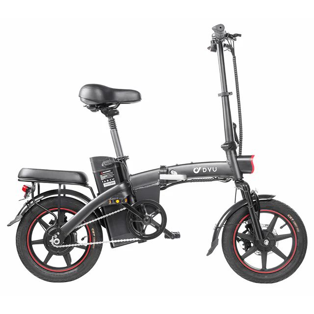 Opvouwbare e-bike, zwart met rode accenten. Zichtbaar: zadel, bagagerek, spatborden, DYU-logo.