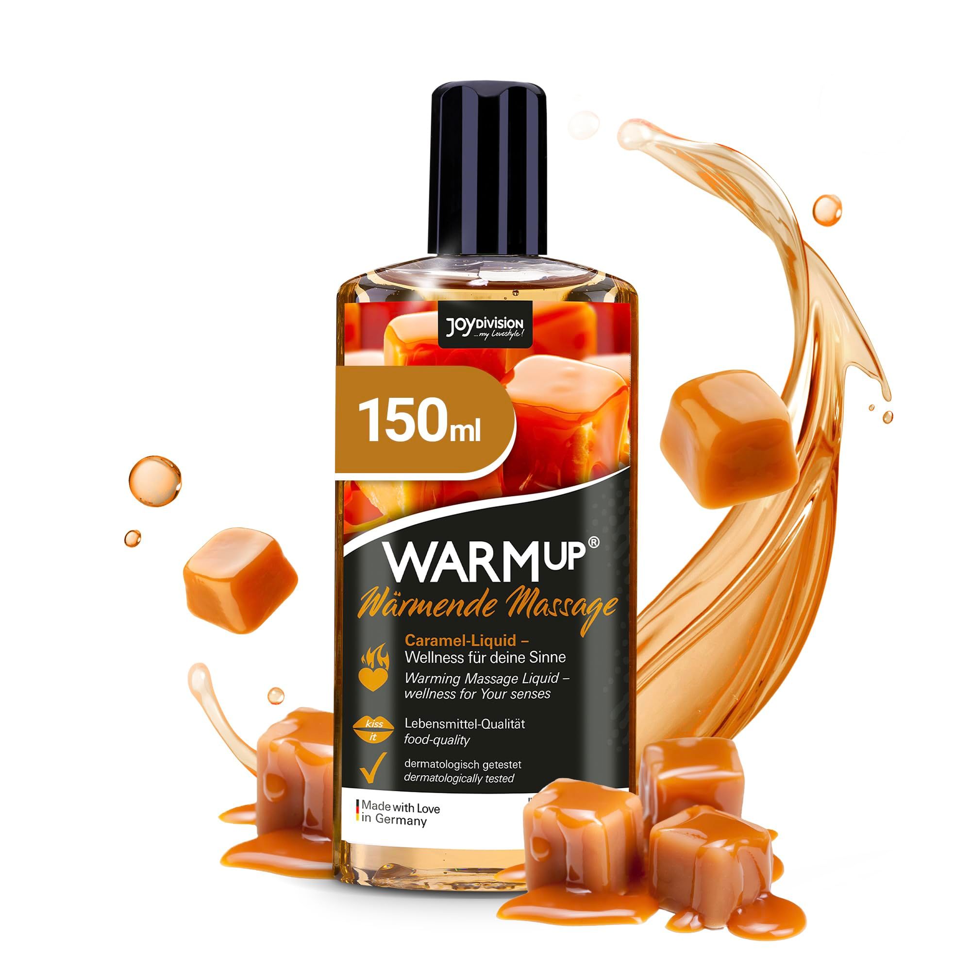 Bouteille d'huile de massage au caramel, avec image de morceaux de caramel et texte.