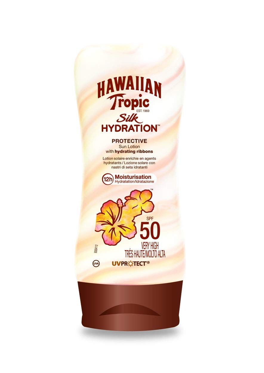 Flacon de lotion solaire Hawaiian Tropic Silk Hydration, SPF 50, tons jaune-brun.