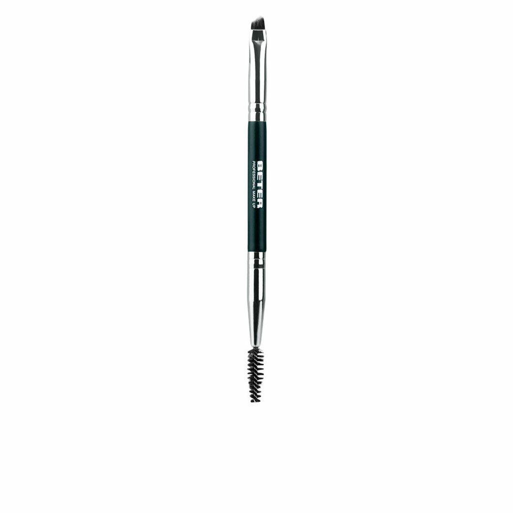 Un pinceau à sourcils double face avec brosse biseautée et brosse, manche noir et parties métalliques argentées.