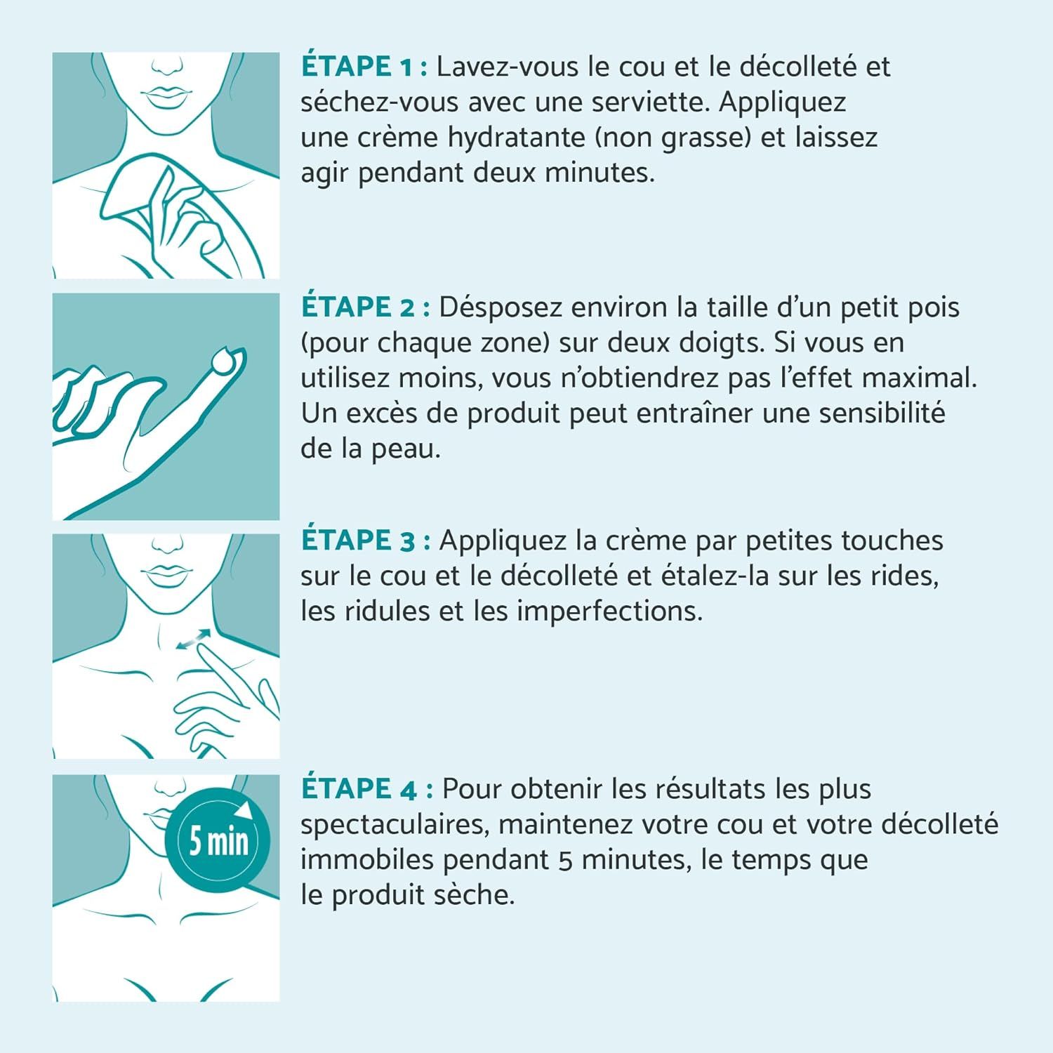 Étapes d'instructions pour l'application d'une crème de soin pour le cou et le décolleté.
