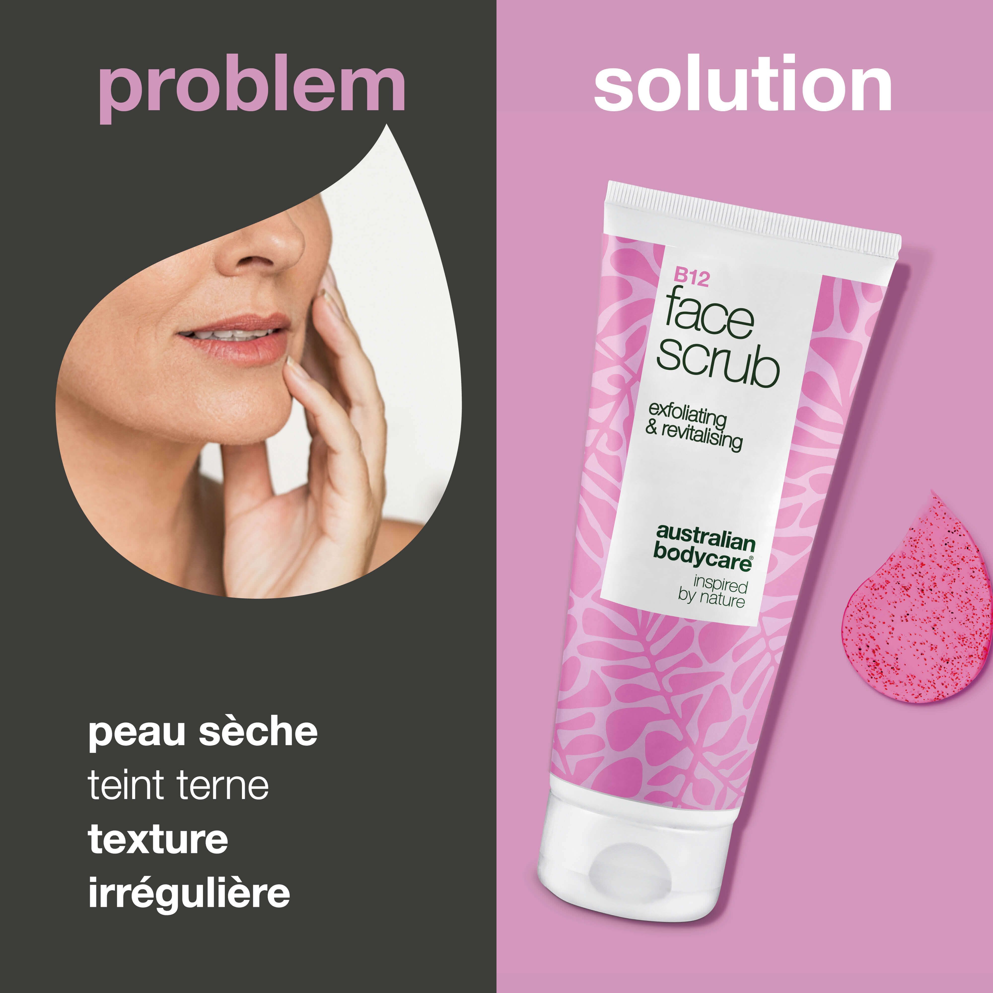 Visage avec peau sèche. À côté, tube de gommage et éponge.