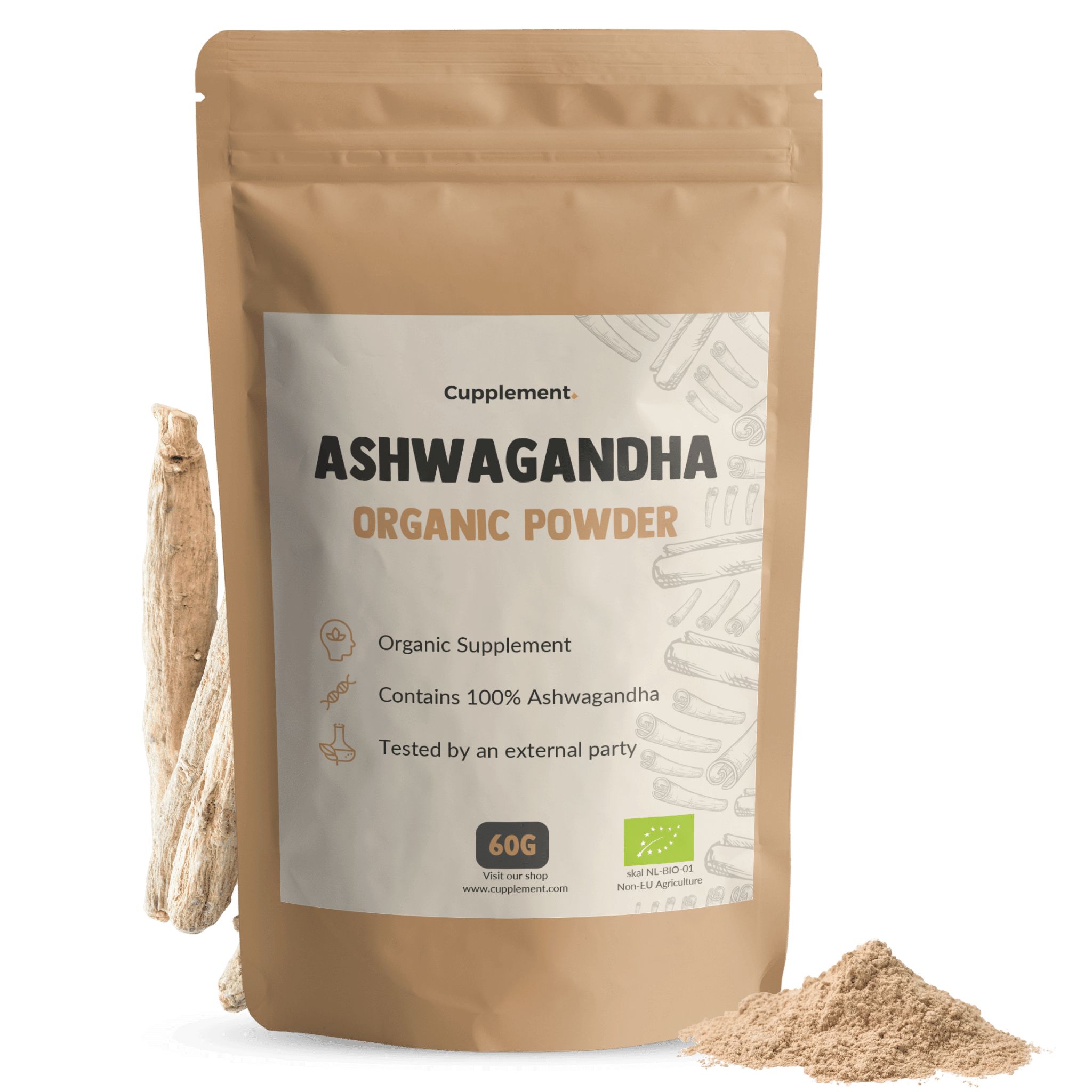 Zakje Ashwagandha poeder. Opschrift: Ashwagandha Organic Powder. Bevat 60g. Met bio-keurmerk.