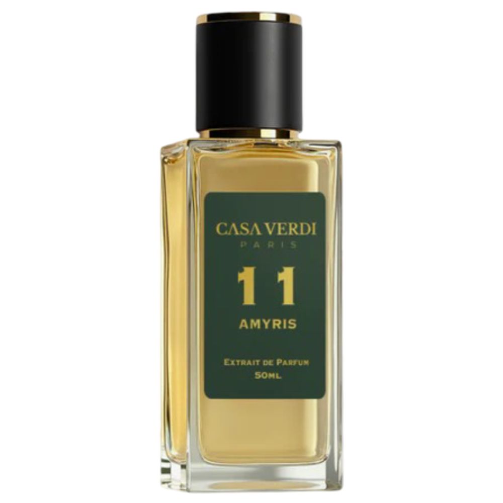 Flacon de parfum avec étiquette verte. Inscription: Casa Verdi Paris, 11 Amyris, Extrait de Parfum. Bouchon noir, bord doré.
