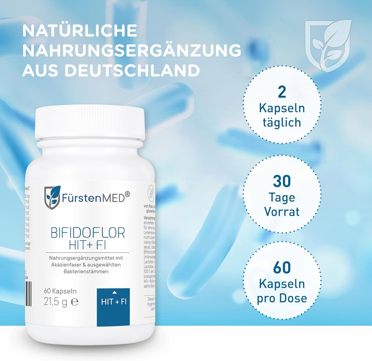 Fles met capsules. Tekst: Natuurlijk voedingssupplement uit Duitsland. Bifidoflor HIT+FI. 60 capsules. 2 capsules per dag. Voorraad voor 30 dagen. Logo FürstenMED®.