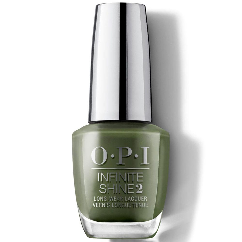 Flacon de vernis à ongles OPI Infinite Shine 2. Couleur vert olive, bouchon argenté. Vue du produit.