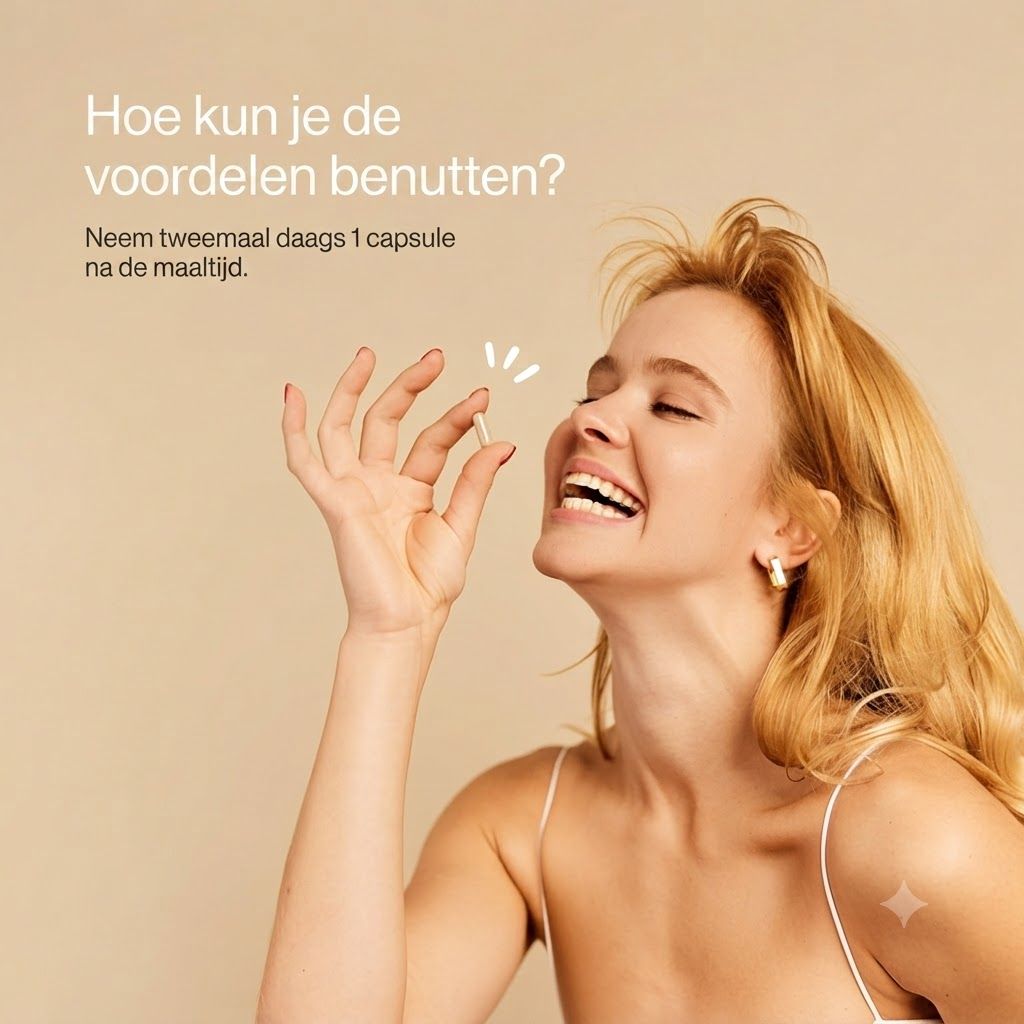 Een vrouw houdt een witte capsule tussen duim en wijsvinger.