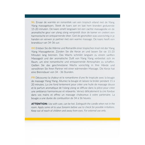 Tekst op gele achtergrond. Informatie over gebruik en ingrediënten van de massagekaars.