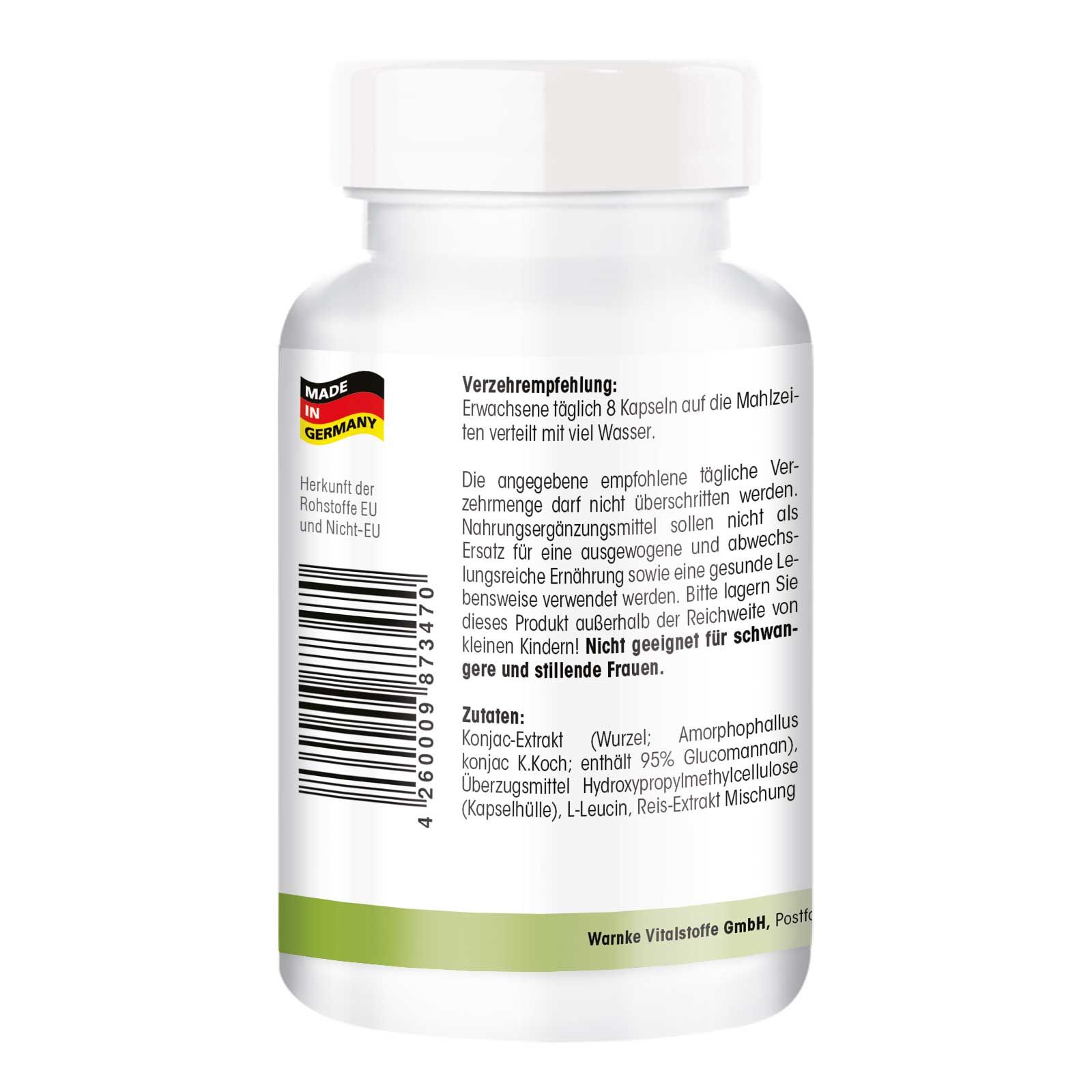 Achterkant van de fles. Tekst: ingrediënten, aanbevelingen, waarschuwingen. Gemaakt in Duitsland. Met barcode en logo.