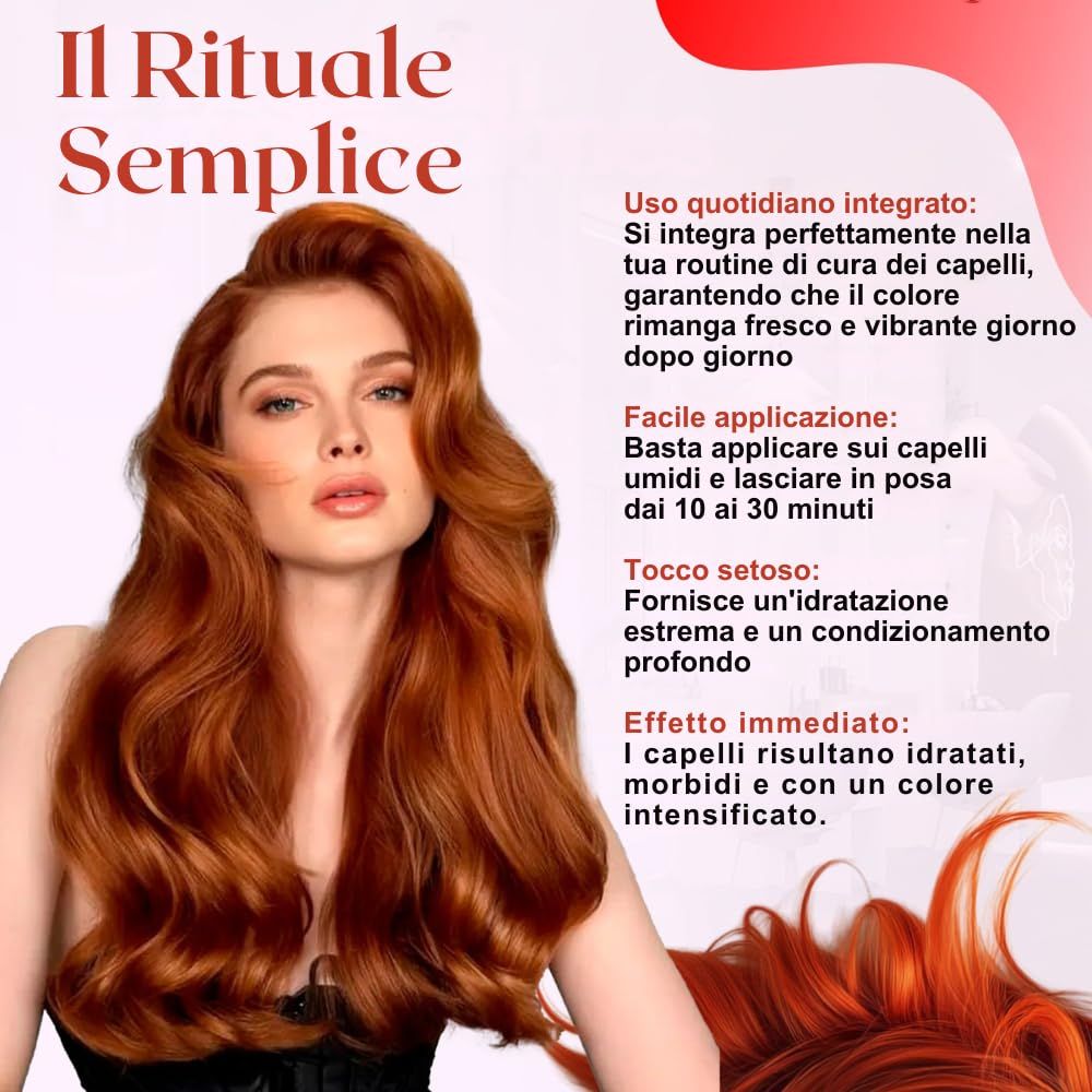 Vrouw met lang, rood, golvend haar, wat duidt op haarverzorging.