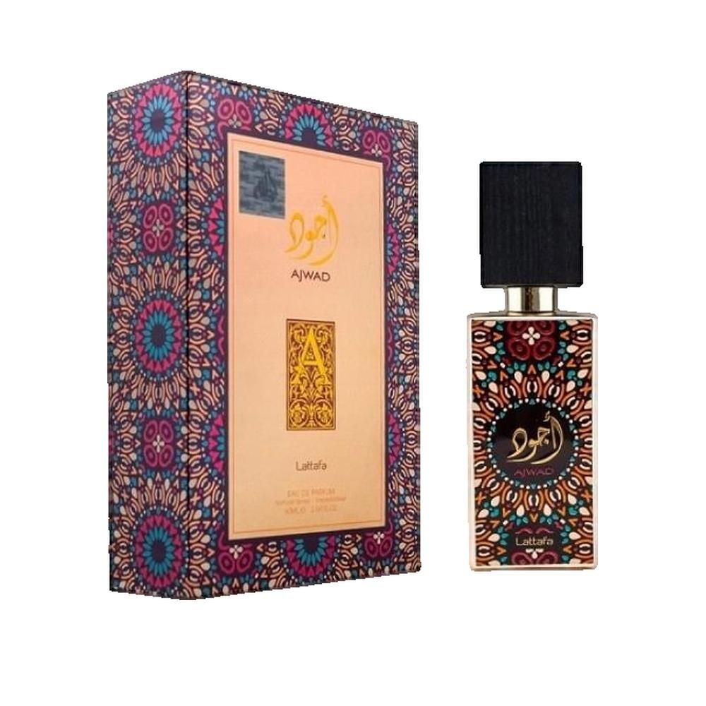 Lattafa Ajwad Eau de Parfum fles en verpakking, kleurrijke patronen.