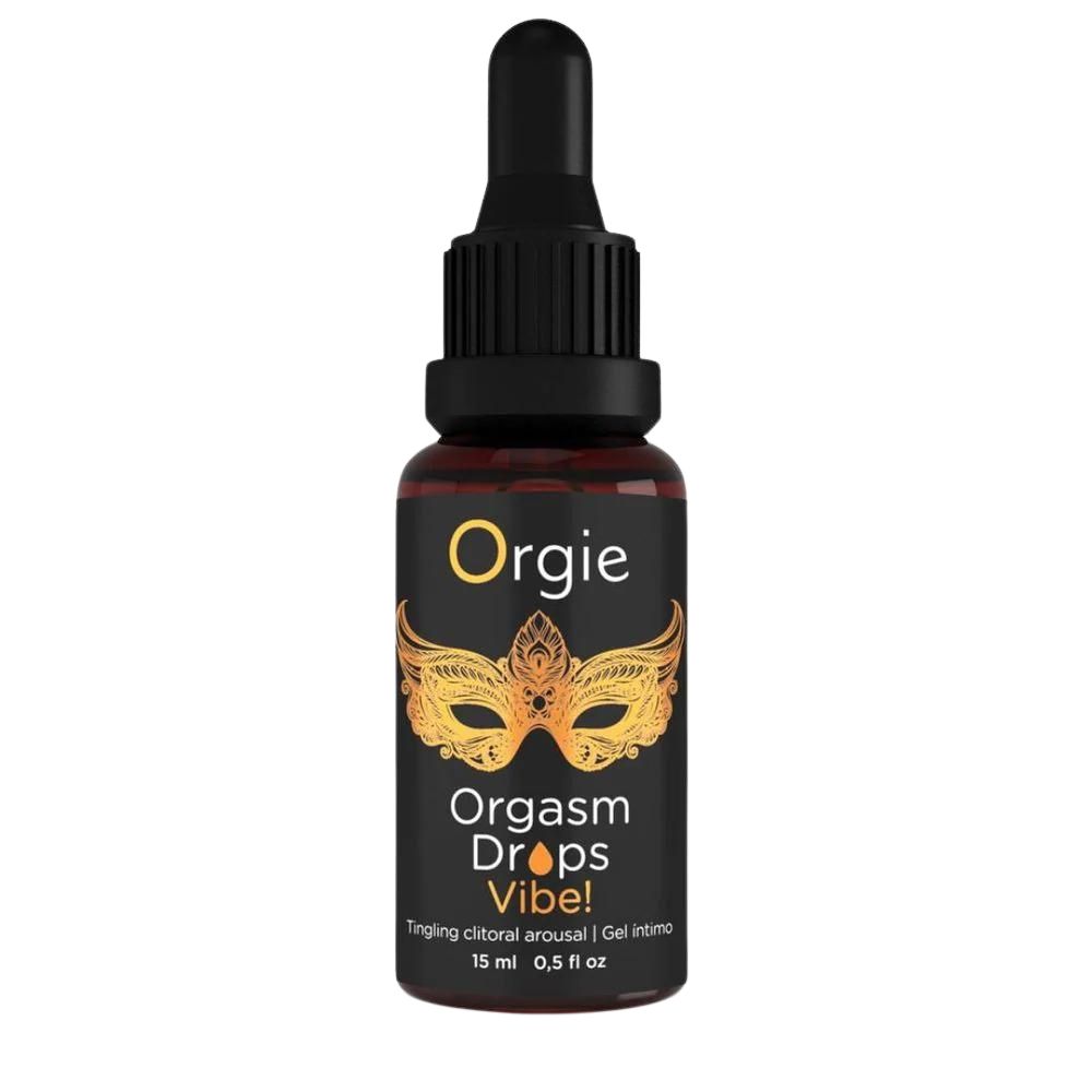 Flacon en verre brun avec bouchon noir et pipette. Étiquette avec masque doré et texte 'Orgie Orgasm Drops Vibe!'.