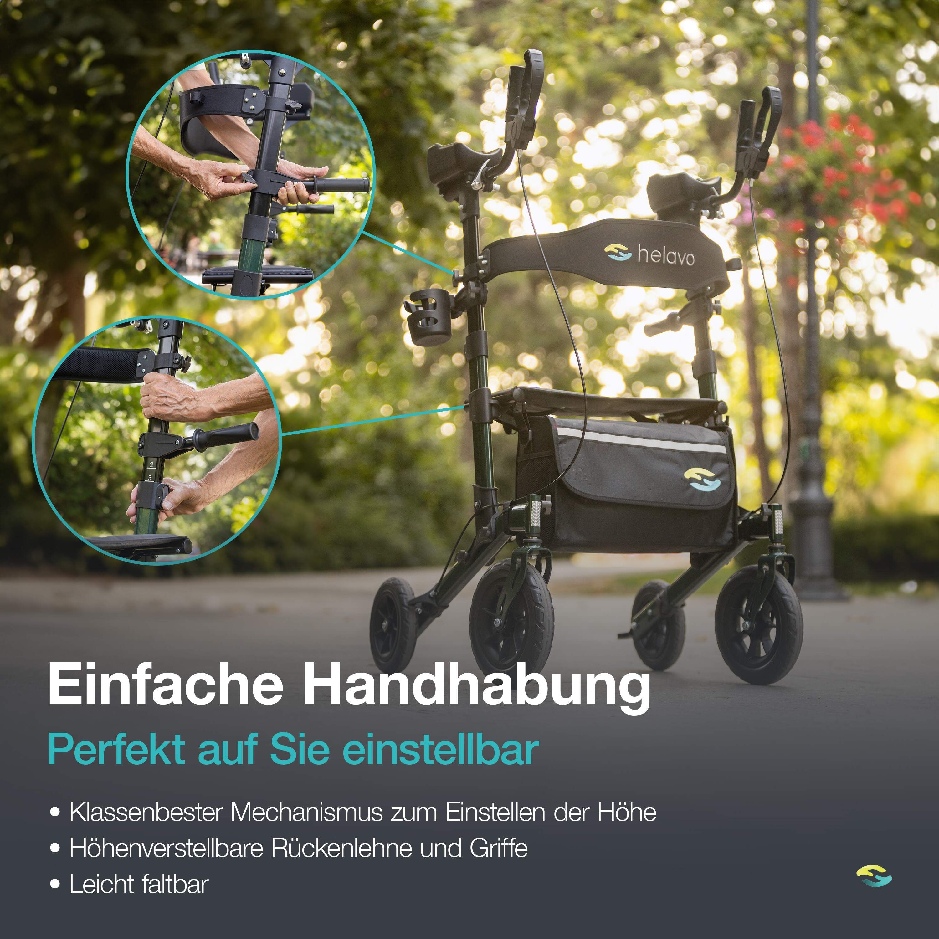 Vue détaillée du réglage de hauteur et des poignées d'un rollator vert. Facile à plier.