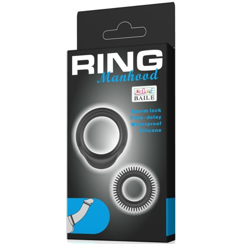 Emballage du Baile Manhood Ring Set avec deux anneaux noirs en silicone.
