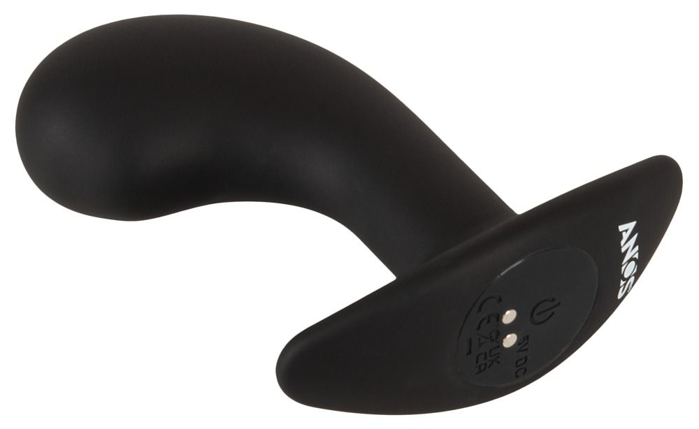 Zwarte prostaat vibrator, onderaanzicht. Oplaadcontacten en CE-markering zichtbaar.
