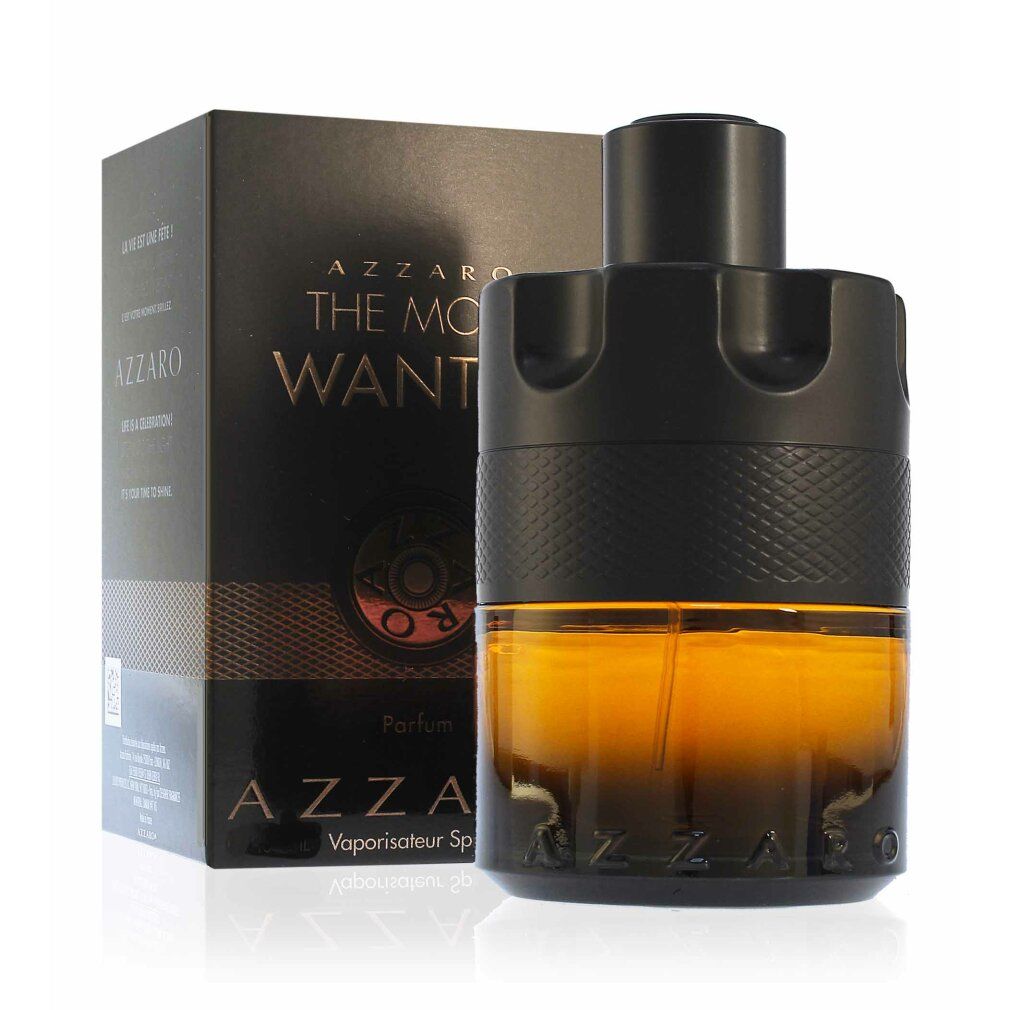 Zwarte fles met bruine vloeistof en zwarte verpakking. Opschrift: Azzaro The Most Wanted Parfum.