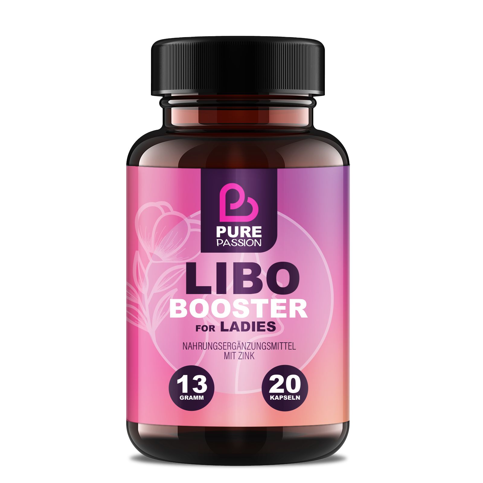 Bruine fles met zwarte dop. Etiket met productnaam, ingrediënten en logo. 20 capsules, 13 gram.