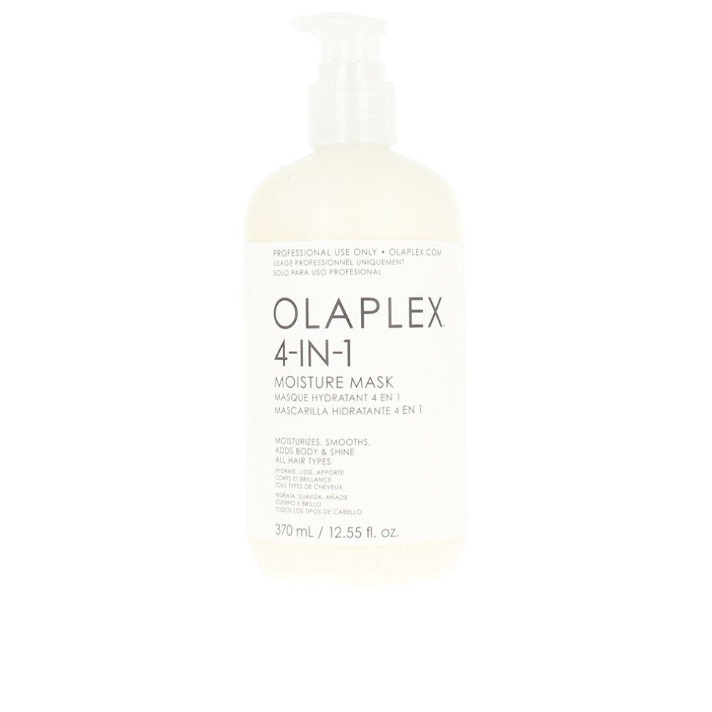 Olaplex 4-in-1 Moisture Mask. Witte fles met pomp. Productnaam en tekst op het etiket.