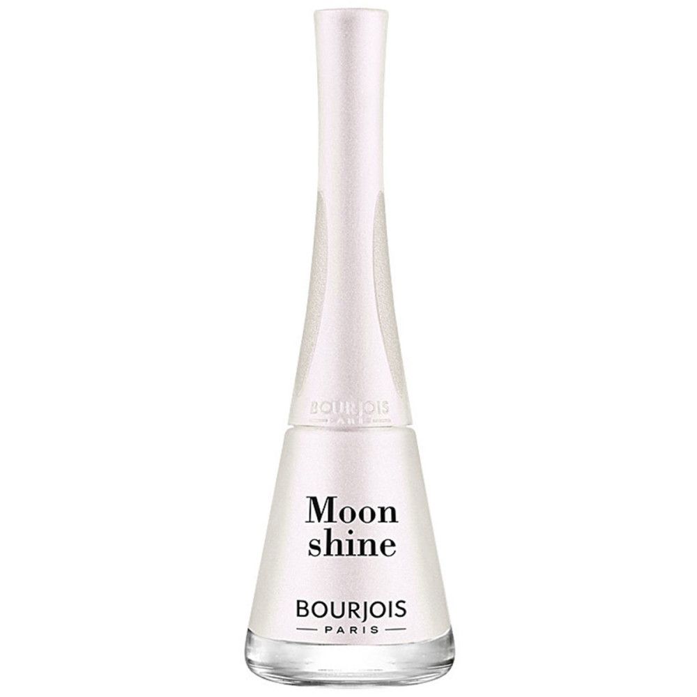 Flacon de vernis à ongles blanc, avec l'inscription 'Moon shine' et 'Bourjois'.