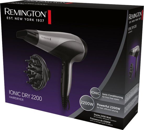 Sèche-cheveux Remington D3190S Ionic Dry 2200 dans son emballage, avec diffuseur et concentrateur.