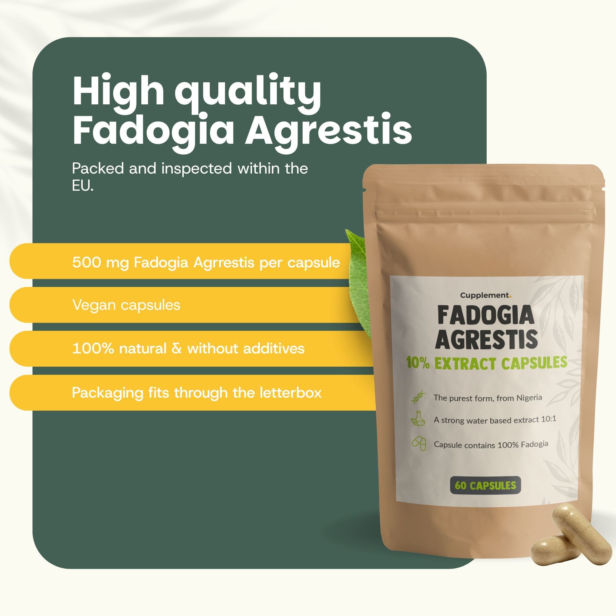 Sachet de 60 gélules. Inscription : Fadogia Agrestis 10% Extract Capsules. 500 mg par gélule.