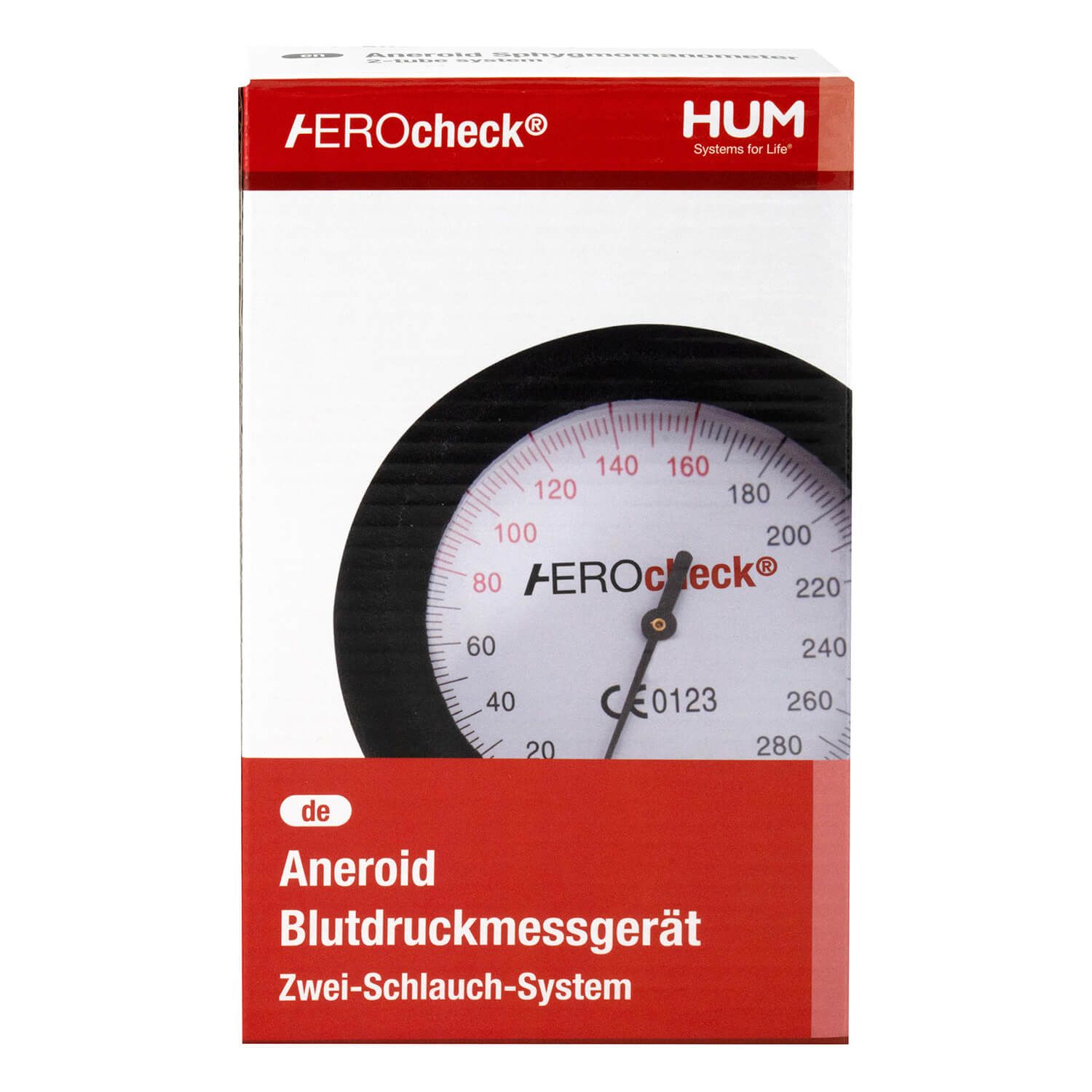 Verpakking van HUM AEROcheck® BDM1-S2. Rode doos met manometer afbeelding en tekst: "Aneroid Blutdruckmessgerät".