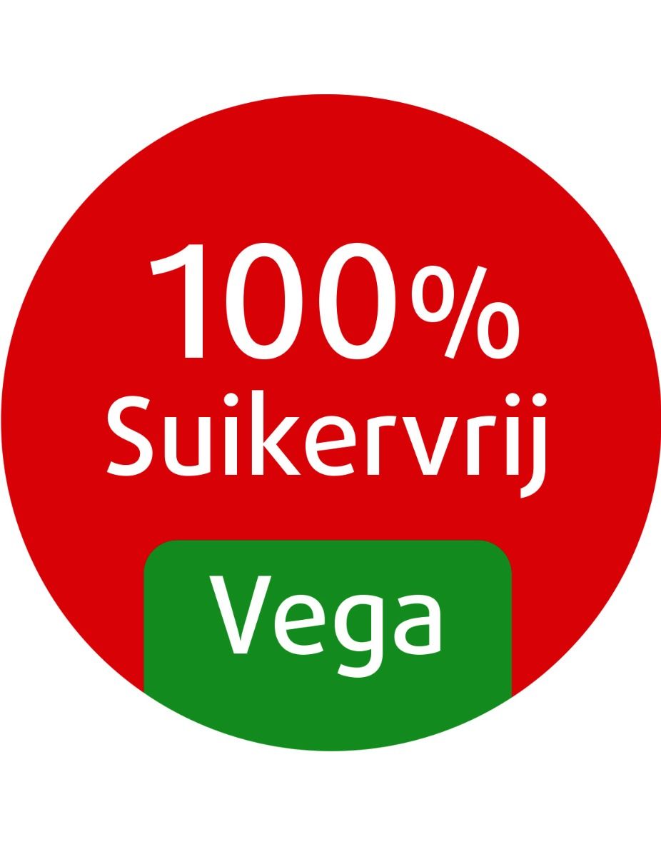 Ronde rode sticker met witte tekst: 100% suikervrij. Groene sticker: Vega.