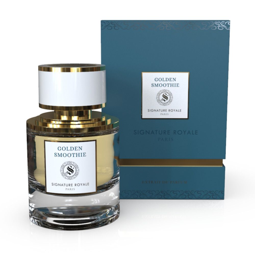 Flacon de parfum doré et blanc, étiquette. Boîte bleue avec logo et texte.